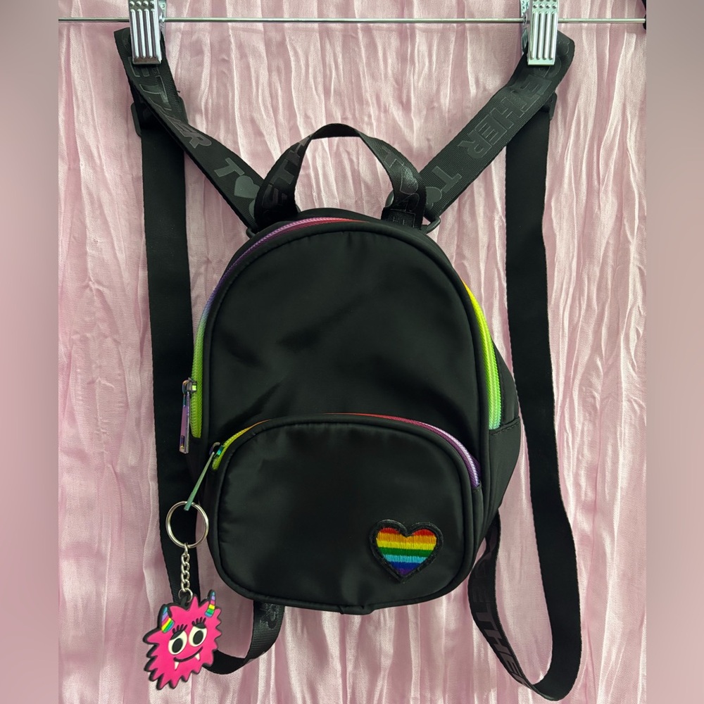 Black Mini Backpack with Rainbow Heart Patch